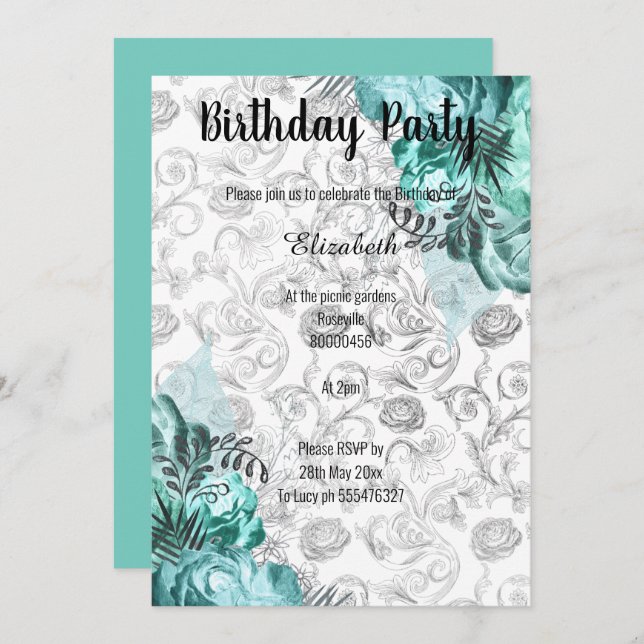 ELEGANT AQUA BLACK WHITE FLORAL BIRTHDAY INVITATION (Front/Back)