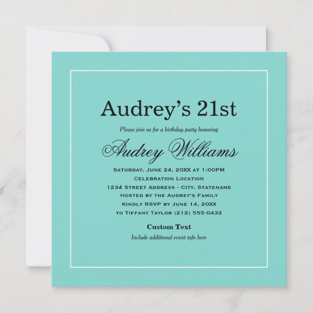 Elegant Aqua Blue 21st Birthday Party Invitation (Front)