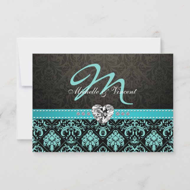 Elegant Aqua Blue and Black Damask Monogram RSVP (Front)