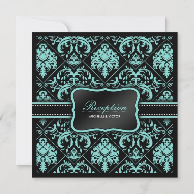 Elegant Aqua Blue and Black Damask Reception Only Invitation (Front)