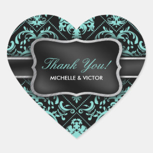 Elegant Aqua Blue and Black Damask Thank You Heart Sticker