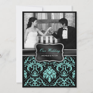 Elegant Aqua Blue and Black Damask Wedding Photo Invitation