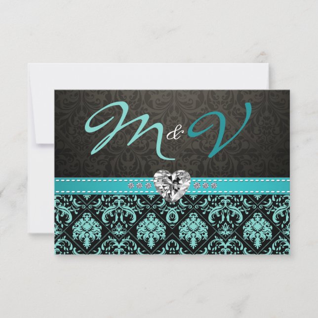 Elegant Aqua Blue and Black Damask with Diamonds RSVP Card (Front)