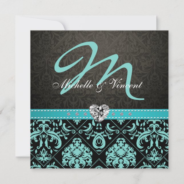 Elegant Aqua Blue / Black Damask Monogram Invites (Front)