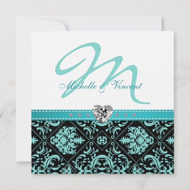 Elegant Aqua Blue / Black Damask Monogram Invites (Front)