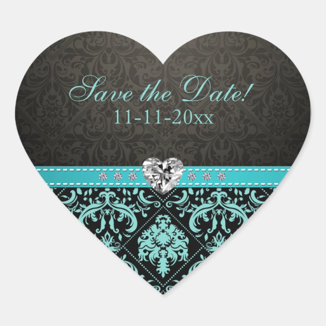 Elegant Aqua Blue / Black Damask "Save the Date" Heart Sticker (Front)