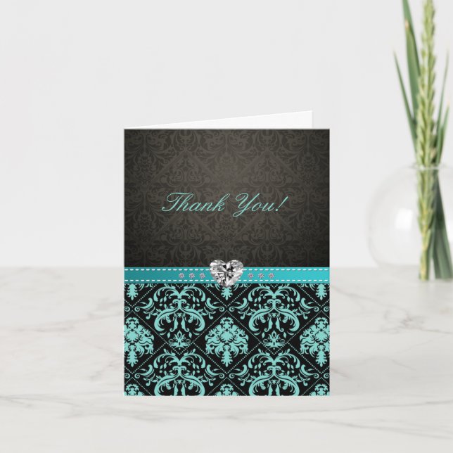 Elegant Aqua Blue / Black Damask "Thank You" cards (Front)