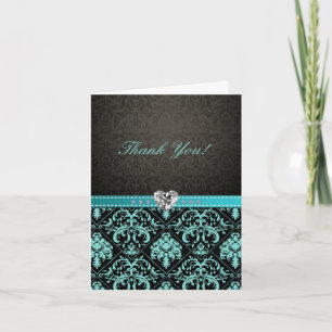 Elegant Aqua Blue / Black Damask "Thank You" cards
