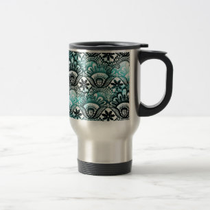 Elegant Aqua Blue Black Faded Distressed Damask La Travel Mug