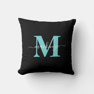 Elegant Aqua Blue Black Monogram Name Cushion
