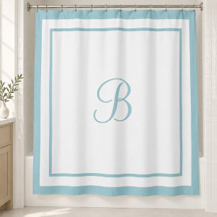 Elegant Aqua Blue Border Script Monogram Letter Shower Curtain