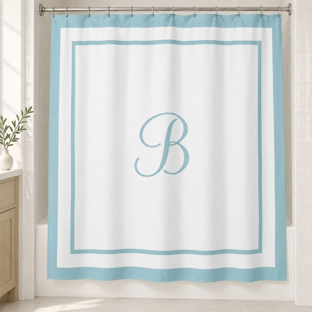Elegant Aqua Blue Border Script Monogram Letter Shower Curtain (Creator Uploaded)