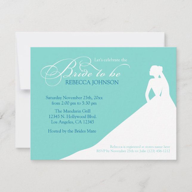 Elegant aqua blue 'Bride to Be' bridal shower Invitation (Front)