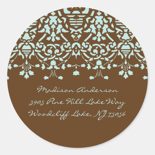 Elegant Aqua Blue & Brown Damask Address Label (Front)