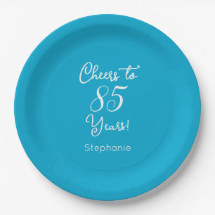 Elegant Aqua Blue Cheers to 85 Years 85th Birthday Paper Plate