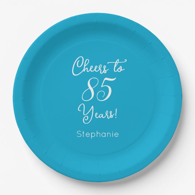 Elegant Aqua Blue Cheers to 85 Years 85th Birthday Paper Plate (Front)