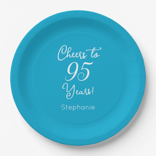Elegant Aqua Blue Cheers to 95 Years 95th Birthday Paper Plate (Front)