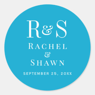 Elegant Aqua Blue Chic Modern Monogram Wedding Classic Round Sticker