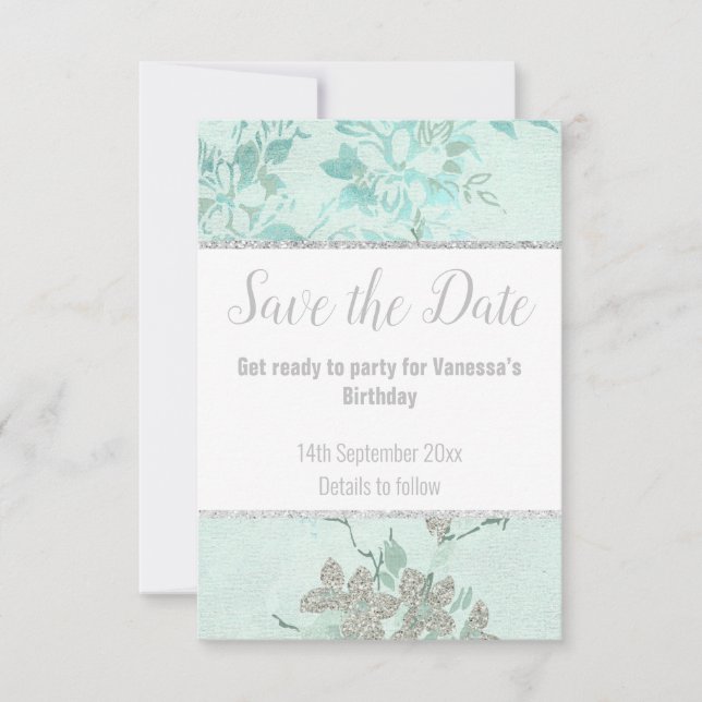 ELEGANT AQUA BLUE FLORAL SILVER GLITTER RSVP CARD (Front)