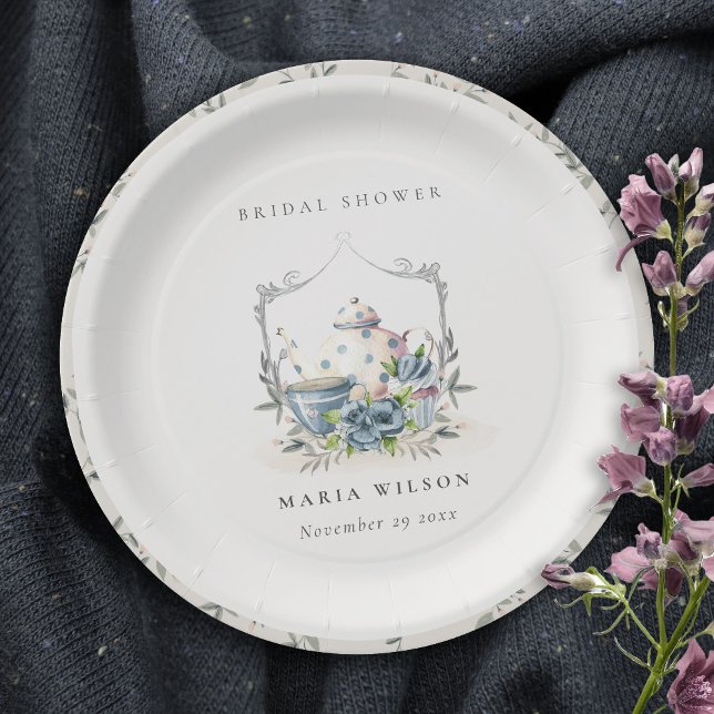 Elegant  Aqua Blue floral Teapot Cup Bridal Shower Paper Plate (Creator Uploaded)