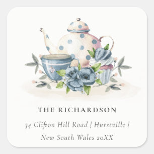 Elegant Aqua Blue floral Teapot Cup Cake Address Square Sticker