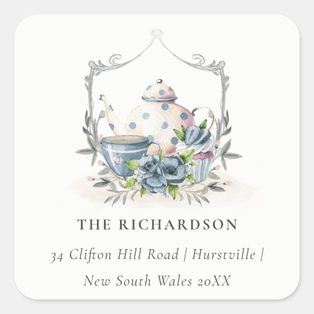 Elegant Aqua Blue floral Teapot Cup Crest Address Square Sticker (Front)