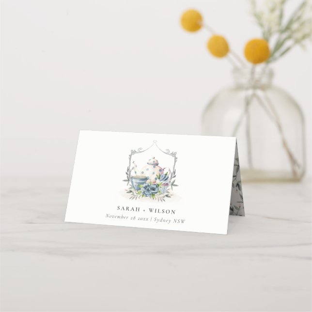 Elegant Aqua Blue floral Teapot Cup Crest Wedding Place Card (Front)