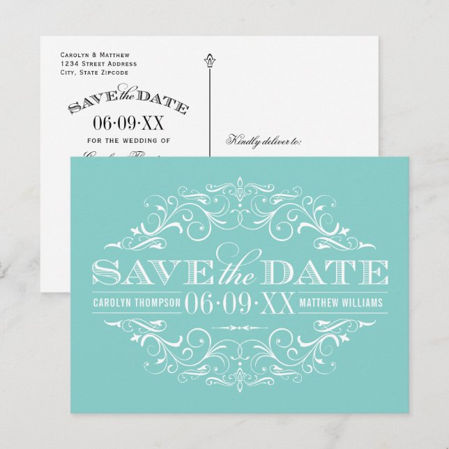 Elegant Aqua Blue Flourish Wedding Save the Date Announcement Postcard (Front/Back)
