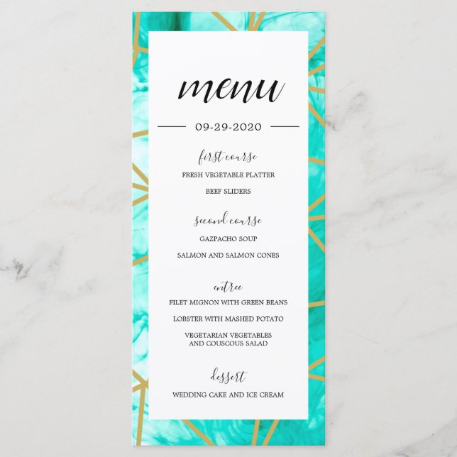 Elegant Aqua Blue Geometric Gold  Menu (Front)