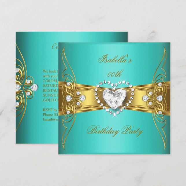 Elegant Aqua Blue Gold Diamond Image Invitation (Front/Back)