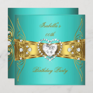 Elegant Aqua Blue Gold Diamond Image Invitation