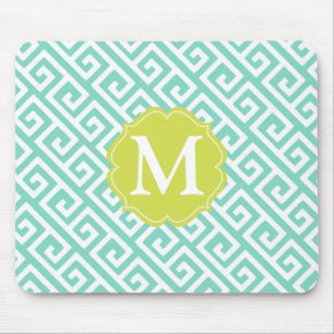 Elegant Aqua Blue Greek Key Personalised Mouse Mat