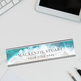 Elegant Aqua Blue Green Beach Script Desk Name Plate