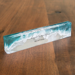 Elegant Aqua Blue Green Beach Script Receptionist Nameplate