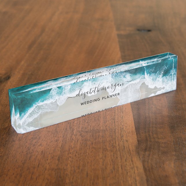 Elegant Aqua Blue Green Beach Wedding Planner Nameplate (Side)