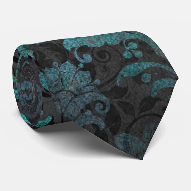 Elegant Aqua Blue Grunge Damask Floral Tie (Rolled)