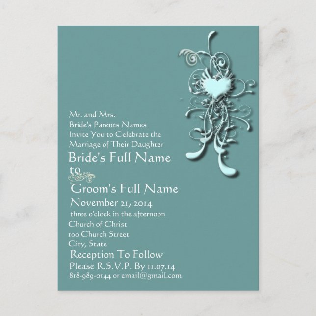 Elegant Aqua Blue Heart Swirl Wedding Invitation (Front)