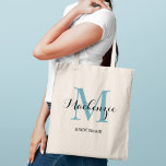 Elegant Aqua Blue Monogram Bridesmaid Tote Bag<br><div class="desc">Honor your bridal party with this elegant tote featuring a large aqua blue monogram initial overlaid with a personalized name in graceful script and the bridal party role below. A sophisticated monogram keepsake in a fresh aqua tone that pairs beautifully with coastal and spring wedding palettes. Name, initial, and role...</div>