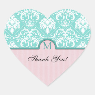 Elegant Aqua Blue & Pink Damask Thank You Heart Sticker