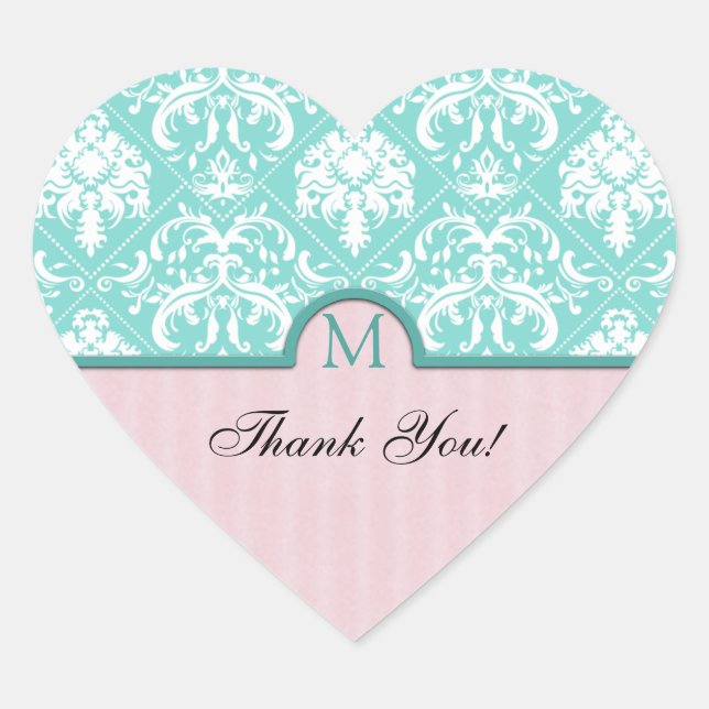 Elegant Aqua Blue & Pink Damask Thank You Heart Sticker (Front)