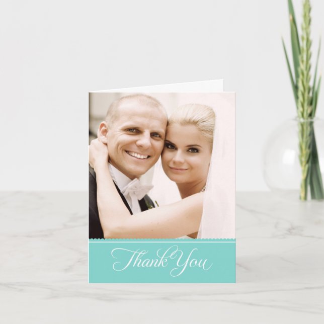 Elegant Aqua Blue Scalloped Wedding Photo Thank You Card (Front)