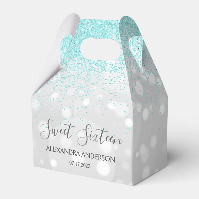 Elegant Aqua Blue Silver Glitter Sweet Sixteen Favour Box (Front Side)