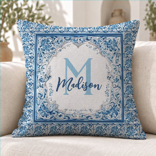 Elegant Aqua Blue Vintage Floral Monogram Cushion