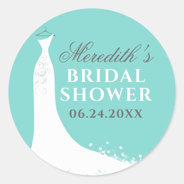 Elegant Aqua Blue Wedding Gown Bridal Shower Classic Round Sticker (Front)