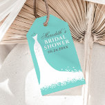 Elegant Aqua Blue Wedding Gown Bridal Shower Gift Tags<br><div class="desc">Cardstock bridal shower favour tags feature a wedding gown,  white,  aqua or robin's egg blue,  and dark charcoal grey colour scheme,  and custom text that can be personalised with the bride's name and event date. A chic butterfly pattern dresses up the back side of the card.</div>