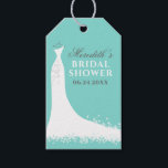 Elegant Aqua Blue Wedding Gown Bridal Shower Gift Tags<br><div class="desc">Cardstock bridal shower favour tags feature a wedding gown,  white,  aqua or robin's egg blue,  and dark charcoal grey colour scheme,  and custom text that can be personalised with the bride's name and event date. A chic butterfly pattern dresses up the back side of the card.</div>