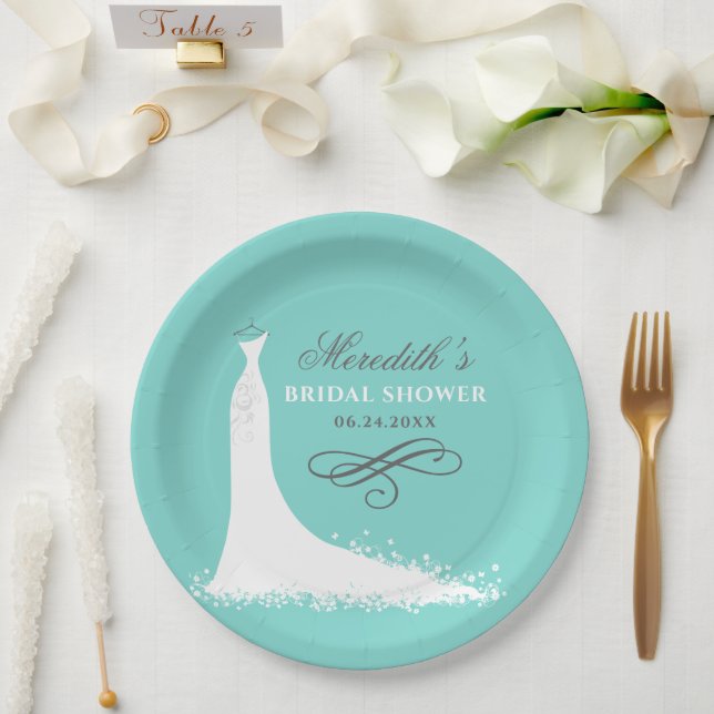 Elegant Aqua Blue Wedding Gown Bridal Shower Paper Plate (Wedding)