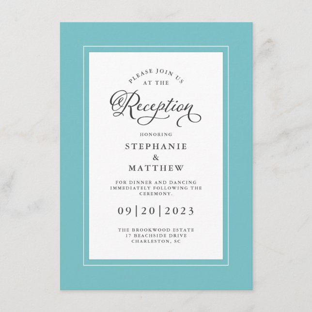Elegant Aqua Blue Wedding Reception Chic Borders Enclosure Card (Front)