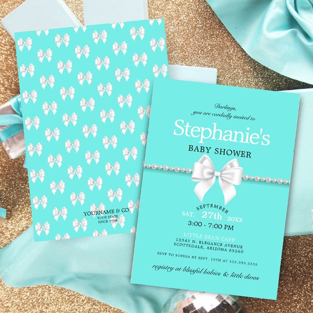 Elegant Aqua Blue White Bow Tiffany Baby Shower Invitation (Elegant aqua blue teal tiffany theme baby shower with pearls white bow and simple typography script)