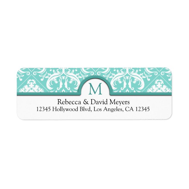 Elegant Aqua Blue & White Damask with Monogram (Front)